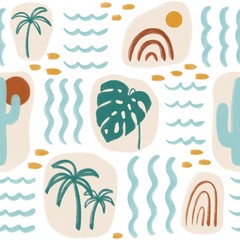 Abstract summer seamless pattern with palm tree, monstera, cactus, rainbows, sun and waves. Hand painted tropical illustration. Trendy art printable.