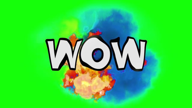 A comic strip speech cartoon animation with an explosion shape. Word: wow, green background