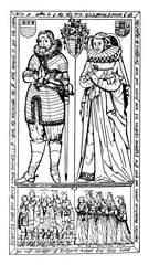 Brass monument is Sir Edward Filmer and a Lady statue, vintage engraving.