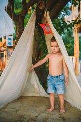 theme summer vacation, little boy, Caucasian child playing in wooded area in park on playground in...