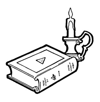 Book and candle or Roman Catholicism, vintage engraving.