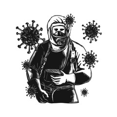 Scratchboard style illustration of an EMT,Emergency Medical Technician, firefighter, Paramedic, researcher,  Worker Wearing Hazmat Suit done on scraperboard on isolated background.