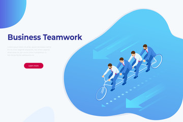Isometric Goals Setting for Business Team. Creative Idea Teamwork Banner Concept. Business Team Riding Tandem Bicycle. Team success. Business concept illustration.