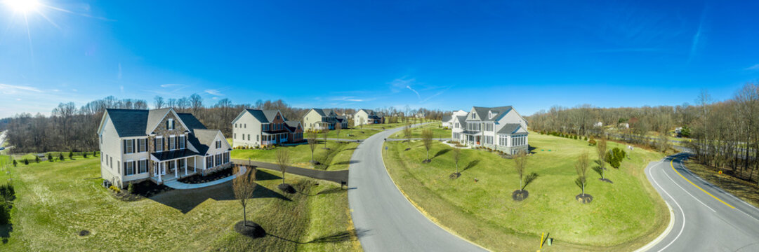 Aerial Panorama View Of Prime Maryland Real Estate Properties, Single Family Home Neighborhood Street With Exclusive Houses With Sun Room, Large Garage, Covered Porch, Curb Appeal