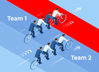 Isometric Goals Setting for Business Team. Creative Idea Teamwork Banner Concept. Business Team Riding Tandem Bicycle. Team success. Business concept illustration.