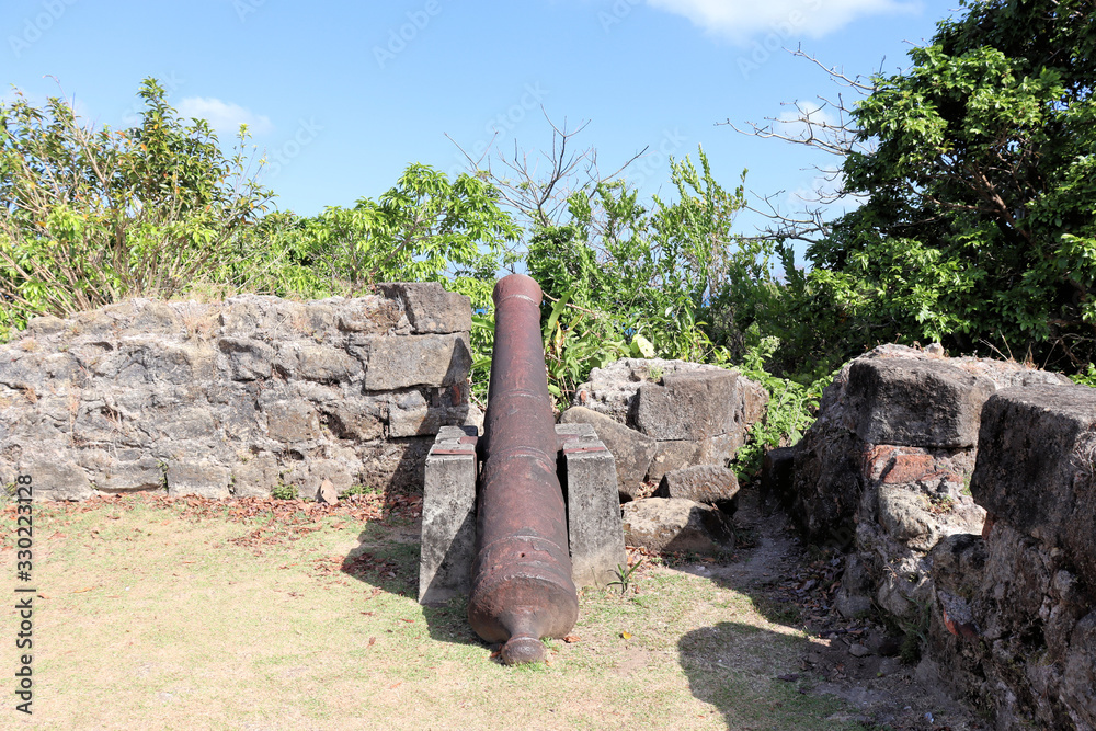 Wall mural Ancient artillery fort on the Caribbean, near the Panama Canal, old cannons