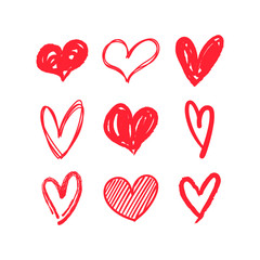 Heart doodles collection. Love symbol illustration. Hand drawn Hearts.