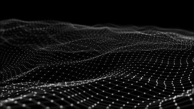 Background abstract digital wave and light square particles in organic motion. Wave of particles and grid. Futuristic dots background with a dynamic wave. Big data. 3d rendering. looped