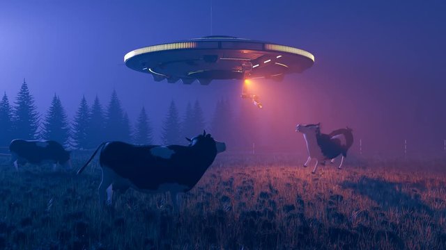 Night scene with UFO shots cows on the meadow. Alien spaceship shots red laser