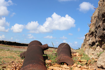 Ancient artillery fort on the Caribbean, near the Panama Canal, old cannons