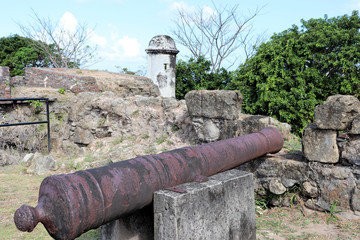Ancient artillery fort on the Caribbean, near the Panama Canal, old cannons