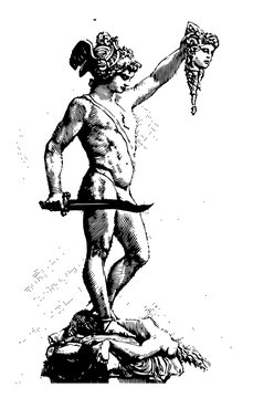 Perseus Sculpture holding a decapitated head, vintage engraving.