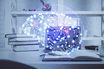 Double exposure of work table with computer and brain sketch hologram. Brainstorming concept.