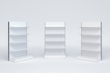 3D image set of regular empty grocery retail shelving with different staying angle and on isolated background