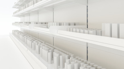 3D image of supermarket grocery shelving mockup in close up view with simple objects of products, stoppers, woblers, shelf talkers and place for shelf tape