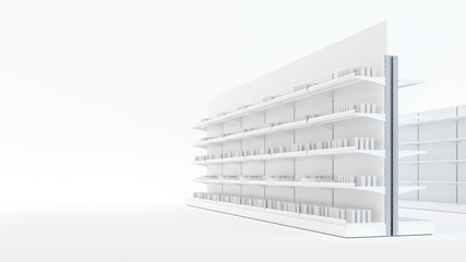 3D image of grocery shelving mockup with simple objects of products, stoppers, shelf talkers and place for shelf tapes on white isolated background