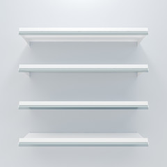 Four white grocery retail shelf with shelf talker isolated on gray background design template for mock up. 3d rendering design for display product object in supermarket