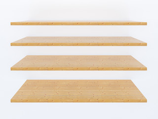 Set of four wooden plank shelves with different angle of view. With white isolated background. 3d render mockup image with front view