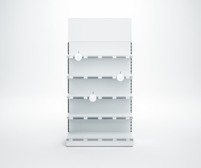 3D image of front view white blank showcase display shelves with topper, wobler, price tags staying on isolated white background - obrazy, fototapety, plakaty