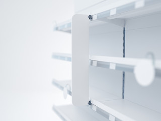 3D image Closeup view of stopper in focus on supermarket grocery shelving mockup with woblers, shelf talkers, price tags and place for shelf tape