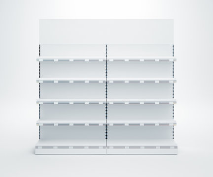 3D image of Two Supermarket Showcase Displays with Shelves, shelf talkers with price tags and toppers staying in the row on isolated background