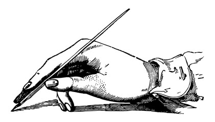 Hand holding a pen, vintage engraving. © Morphart