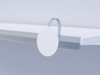 3D image close up view of grocery retail wobbler in focus on the shelf with shelf talker