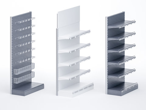 3D image set of three shelving with different equipment: toppers, hooks, shelf talkers and price tags on isolated white backgrounds