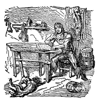 Robinson Crusoe and his diary, vintage illustration