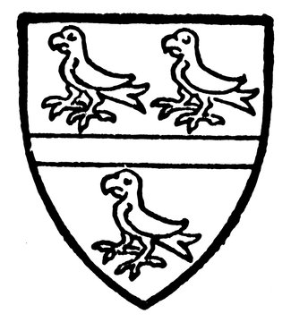 Twenge bore Silver a fesse gules between three popinjays vert, vintage engraving.