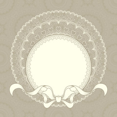 Vintage background with lace frame and ribbon for greeting card, invitation or announcement