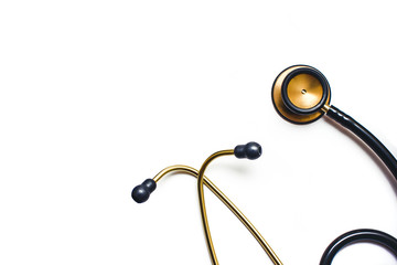 Stethoscope isolated on white. Empty copy space cardiologist doctor background. Medical instrument...