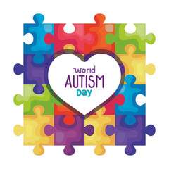 world autism day with heart and puzzle pieces vector illustration design