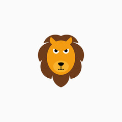 Vector Flat Lion's face isolated. Cartoon style illustration. Animal's head logo. Object for web, poster, banner, print design. Advertisement decoration element.