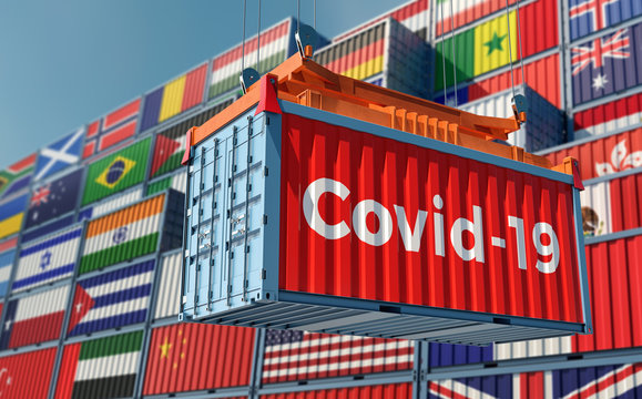Container with Coronavirus Covid-19 text on the side. In the background containers with different national flags. Concept of international trade spreading the Corona virus. 3D Rendering 