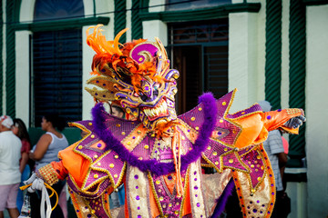 person in flamboyant costume poses for photo by city street at dominican carnival