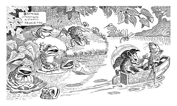 Skinny-dipping Frogs, vintage illustration