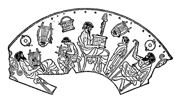 ancient greek musicians playing lyres, black and white clip art preview