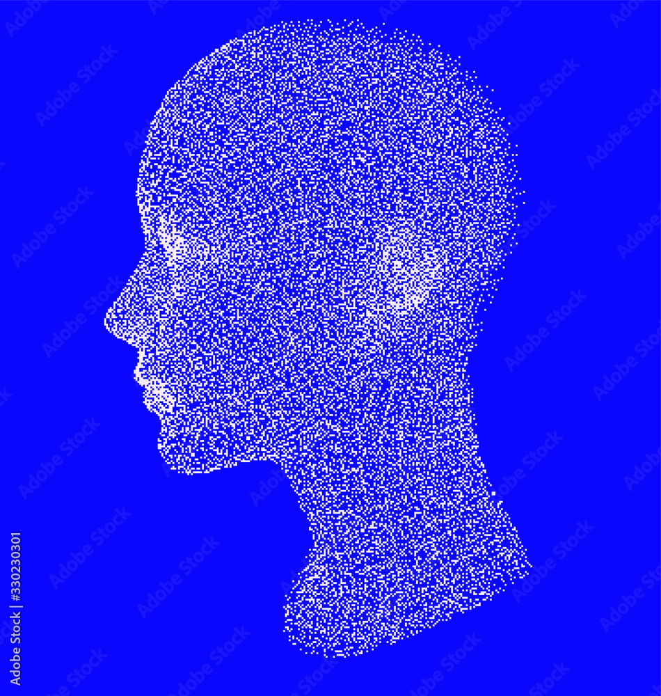 Poster pixel art illustration with human head made of particles. concept illustration of artificial intelli