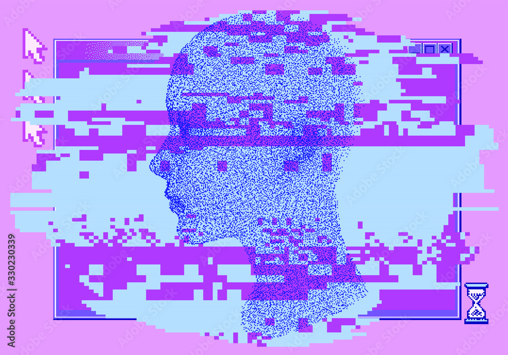 Poster Human head made of particles on glitched and pixelated background. Concept illustration of Artificial intelligence, Machine learning and Cybernetics.
