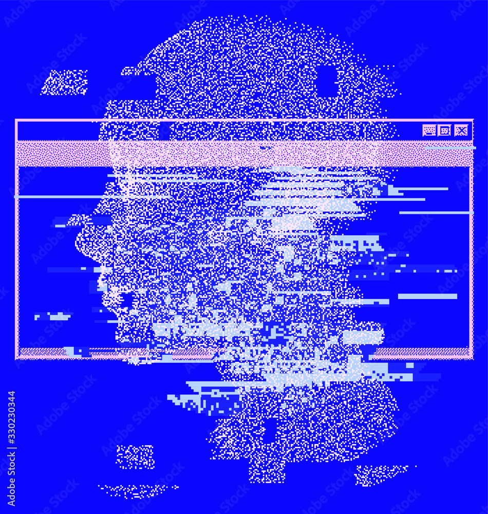 Aufkleber Human head made of particles on glitched and pixelated background. Concept illustration of Artificial intelligence, Machine learning and Cybernetics.