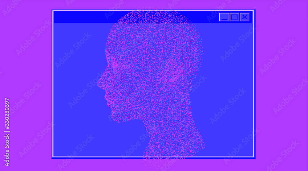 Poster pixel art illustration with human head made of particles. concept illustration of artificial intelli