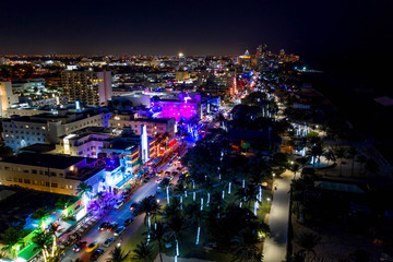 Ocean Drive colorful neon lights aerial view