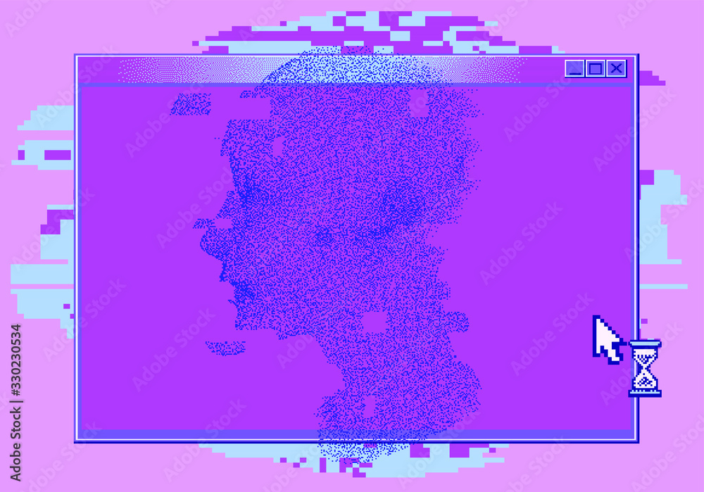 Poster human head made of particles on glitched and pixelated background. concept illustration of artificia