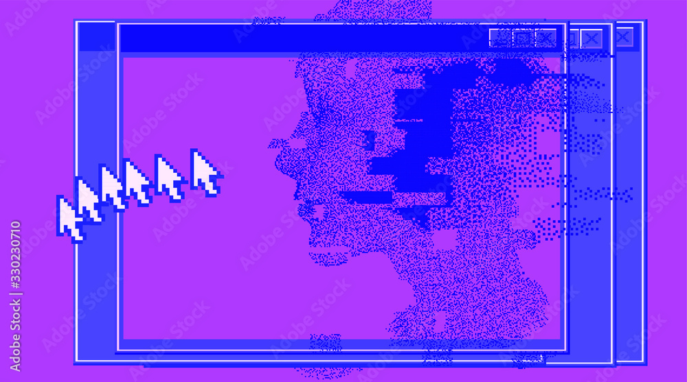 Poster pixel art illustration with human head made of particles. concept illustration of artificial intelli