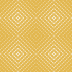 Yellow vector geometric seamless pattern with small rhombuses, diamond shapes, lines, grid. Colorful background with halftone transition effect in square form. Ornamental texture. Repeat design