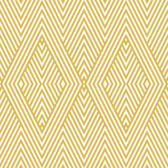 Vector geometric lines pattern. Golden seamless texture with stripes, diagonal lines, rhombuses. Abstract geometry. Stylish modern graphic design. White and gold background. Trendy decorative design