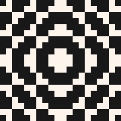 Vector geometric traditional folklore ornament. Fair isle seamless pattern. Tribal ethnic motif. Ornamental texture with square shapes, embroidery, knitting. Black and white repeatable background