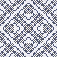 Vector geometric traditional folk ornament. Ethnic seamless pattern. Ornamental background with small squares, crosses, snowflakes, floral shapes. Texture of embroidery, knitting. White and blue color