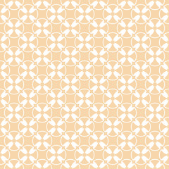 Vector geometric seamless pattern. Simple ornament with crosses, circles, grid, mesh, lattice, rounded shapes. Abstract background in white and light yellow colors. Natural organic style texture